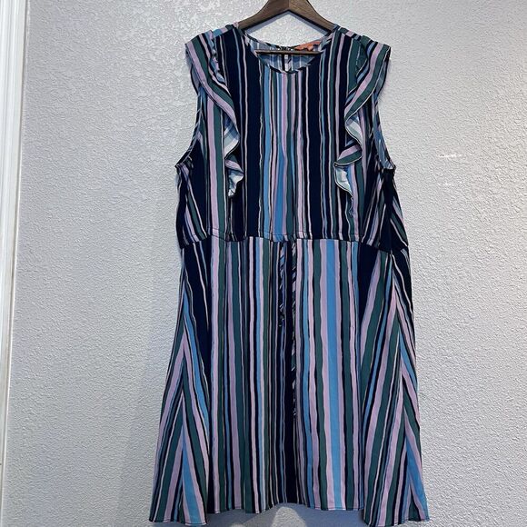 Modcloth Get Intro Ruffle Dress Striped Waist Tie Lined Green Plus Size 3X - Picture 2 of 10